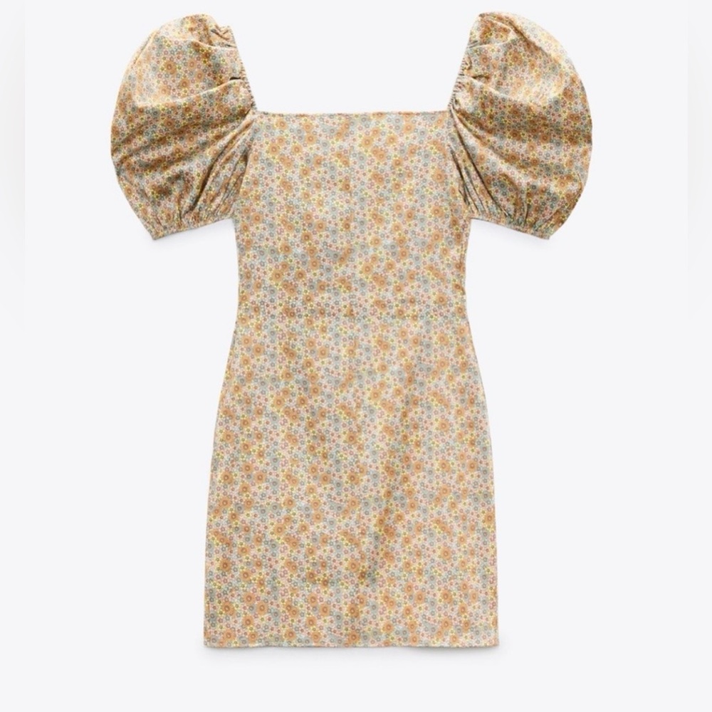 Zara Satin Effect Floral Printed Puff Sleeve Mini Dress Sz Medium - Picture 7 of 12